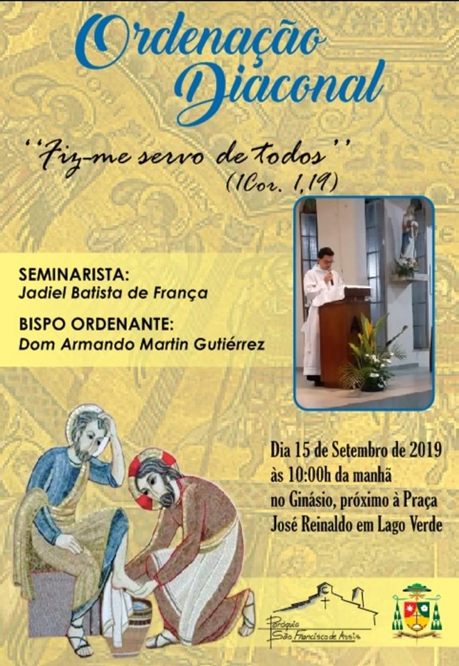 Seminarista Jadiel Batista de França será ordenado Diácono neste domingo (15)