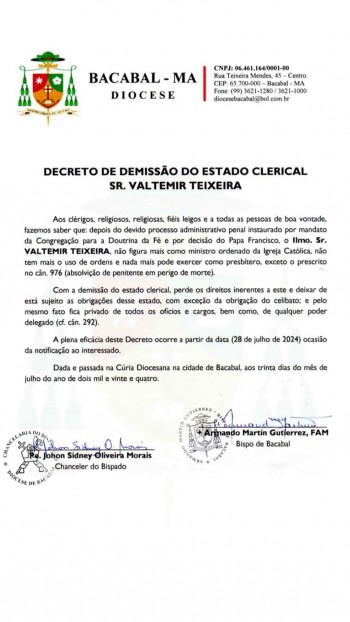 Decreto de Demissão do Estado Clerical do Sr. Valtemir Texeira